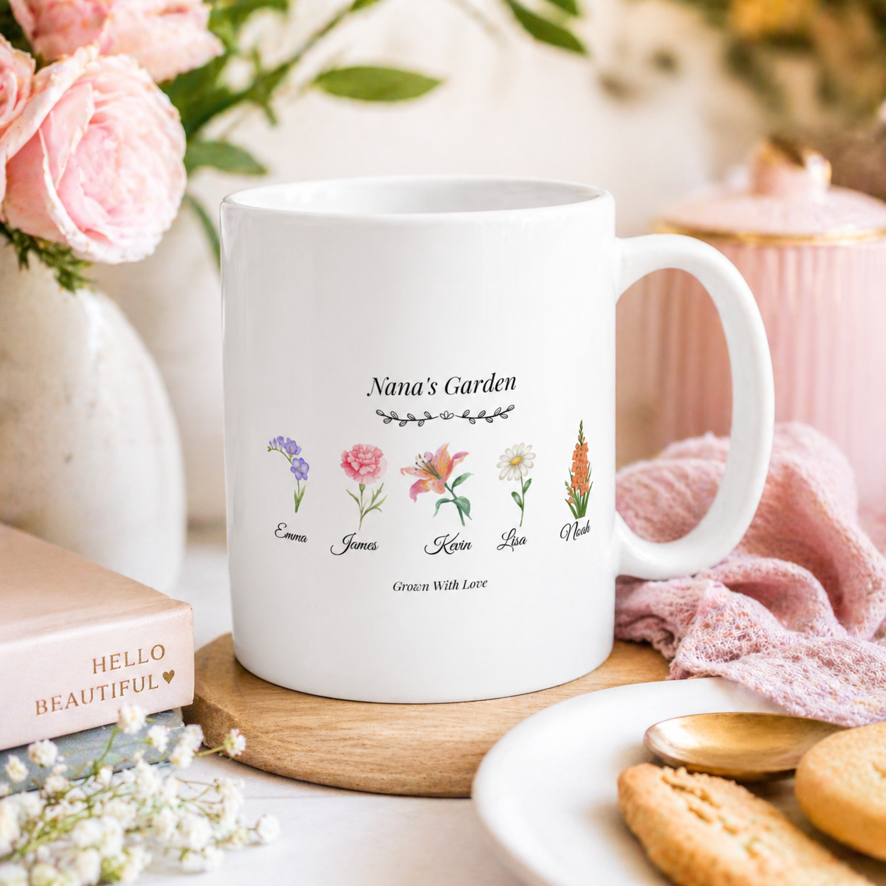 Personalized Birth Flower Mug for Grandma – Custom Names Coffee Cup, Mother’s Day Gift, (11oz, 15oz)