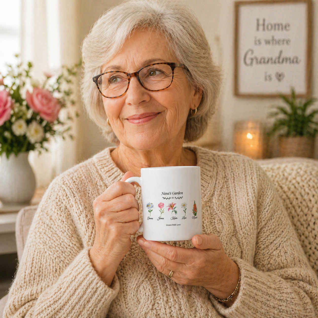 Personalized Birth Flower Mug for Grandma – Custom Names Coffee Cup, Mother’s Day Gift, (11oz, 15oz)